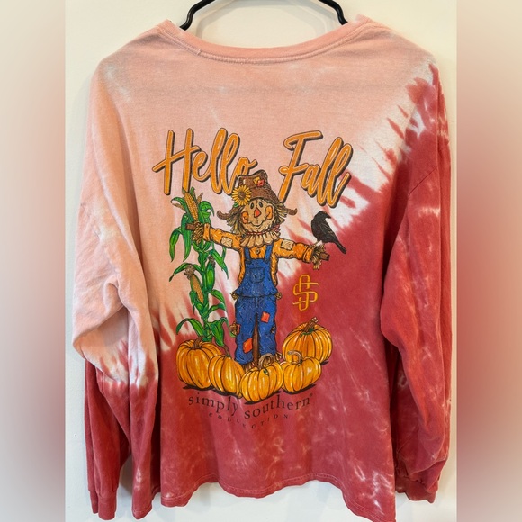 Simply Southern Hello Fall Tie Dye Long Sleeve Graphic Tee Pumpkin Scarecrow, XL - Picture 2 of 3
